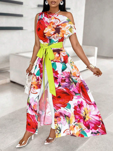 Lady Floral Print Asymmetric Neckline Blouse With Split Hem And Tie-Front (Random Floral Print)