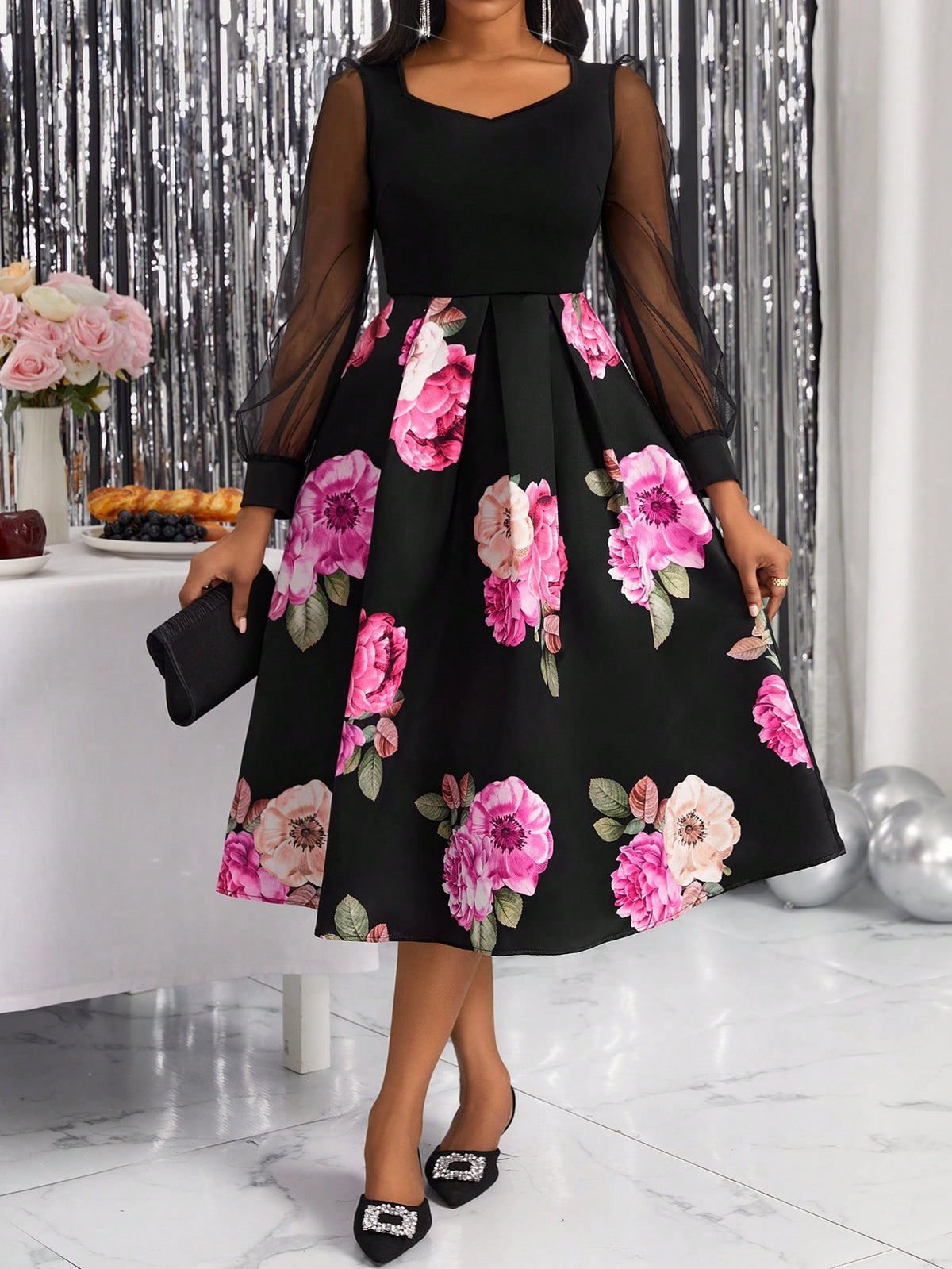 Floral Print Mesh Lantern Sleeve Fold Pleated Detail Dress