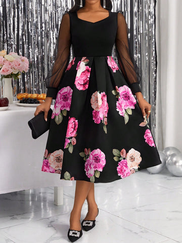 Floral Print Mesh Lantern Sleeve Fold Pleated Detail Dress