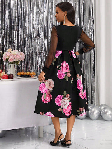 Floral Print Mesh Lantern Sleeve Fold Pleated Detail Dress