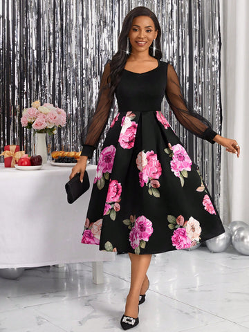 Floral Print Mesh Lantern Sleeve Fold Pleated Detail Dress