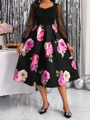 Floral Print Mesh Lantern Sleeve Fold Pleated Detail Dress