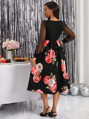 Floral Print Mesh Splice Sweetheart Neckline Dress