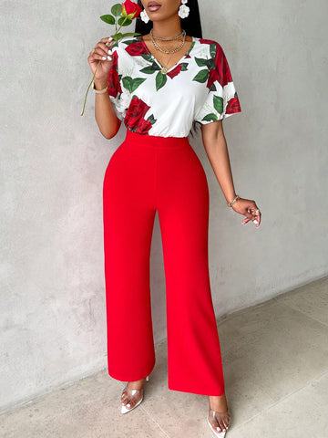 Floral Print V-Neck Short Sleeve Jumpsuit