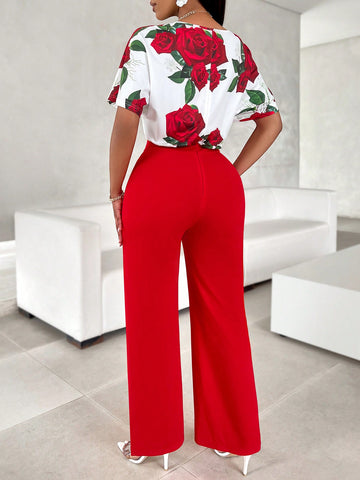 Floral Print V-Neck Short Sleeve Jumpsuit