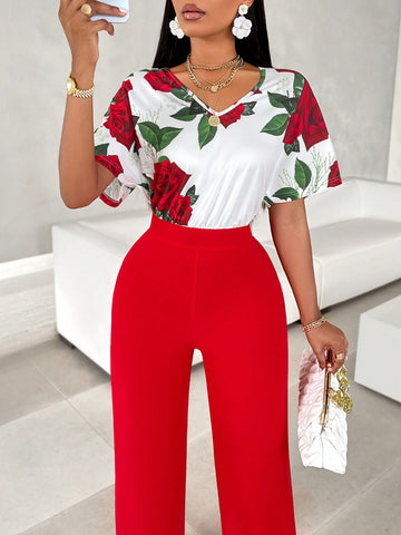 Floral Print V-Neck Short Sleeve Jumpsuit