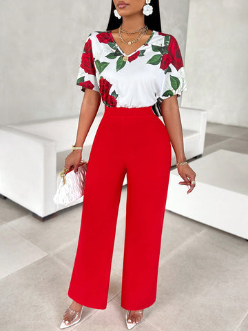Floral Print V-Neck Short Sleeve Jumpsuit