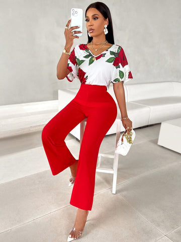 Floral Print V-Neck Short Sleeve Jumpsuit
