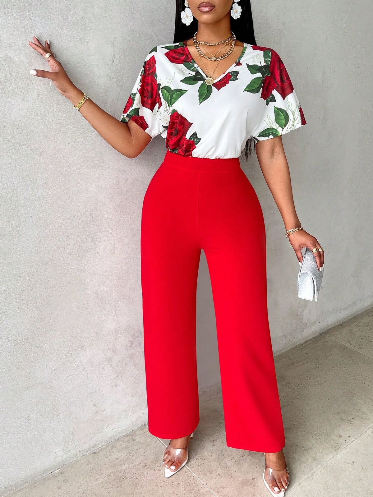 Floral Print V-Neck Short Sleeve Jumpsuit