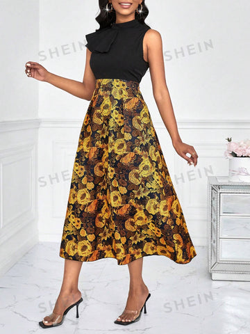 Flower Printed Patchwork Sleeveless Dress
