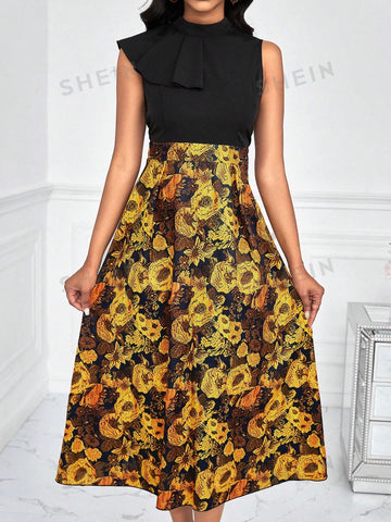 Flower Printed Patchwork Sleeveless Dress