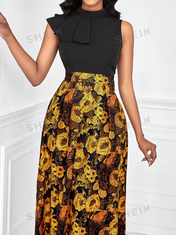 Flower Printed Patchwork Sleeveless Dress