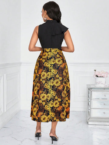 Flower Printed Patchwork Sleeveless Dress