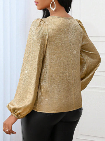 Lady Four Season Wedding Guest Keyhole Neckline Lantern Sleeve Blouse Metallic Shirt