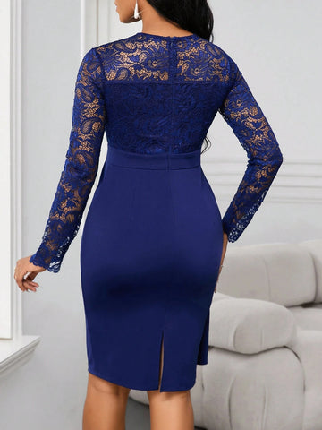 Four Seasons Navy Blue Long Sleeve Dress Lace Fabric Dress Ruffled Slim Fit Women's Short Dress