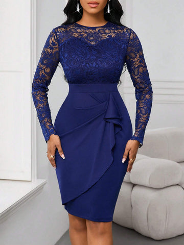 Four Seasons Navy Blue Long Sleeve Dress Lace Fabric Dress Ruffled Slim Fit Women's Short Dress