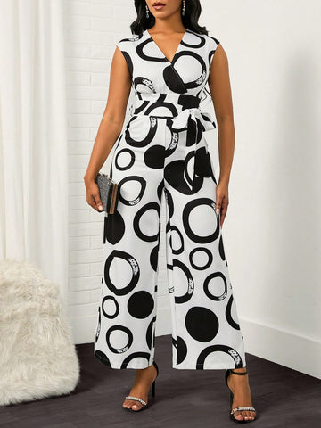 Geo Print Belted Wide Leg Jumpsuit