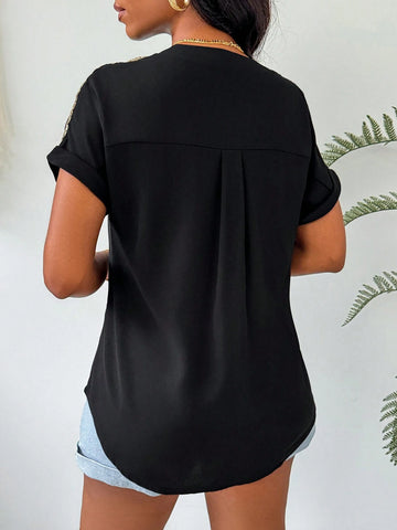 Lady Glittering Patchwork Woven Tape Pullover Casual Shirt