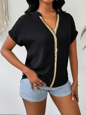 Lady Glittering Patchwork Woven Tape Pullover Casual Shirt