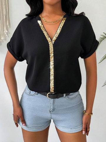 Lady Glittering Patchwork Woven Tape Pullover Casual Shirt