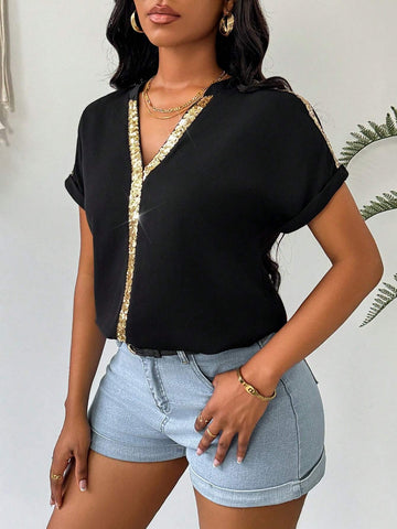 Lady Glittering Patchwork Woven Tape Pullover Casual Shirt