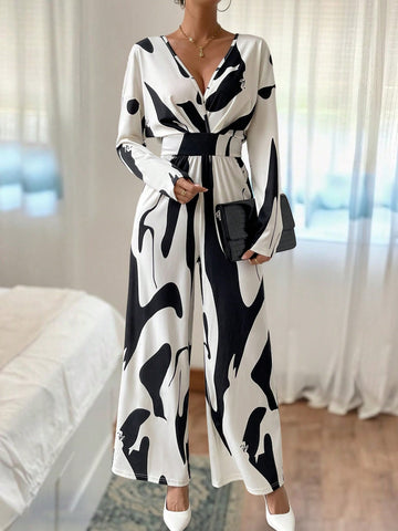 Graphic Print Drop Shoulder Wide Leg Jumpsuit