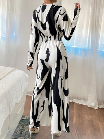 Graphic Print Drop Shoulder Wide Leg Jumpsuit