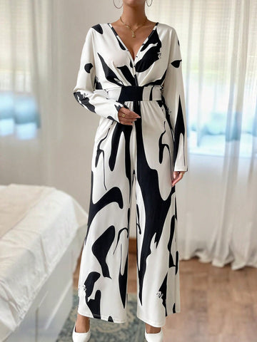 Graphic Print Drop Shoulder Wide Leg Jumpsuit