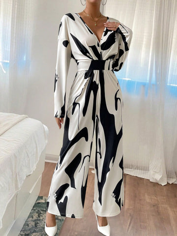 Graphic Print Drop Shoulder Wide Leg Jumpsuit
