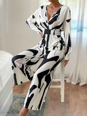 Graphic Print Drop Shoulder Wide Leg Jumpsuit