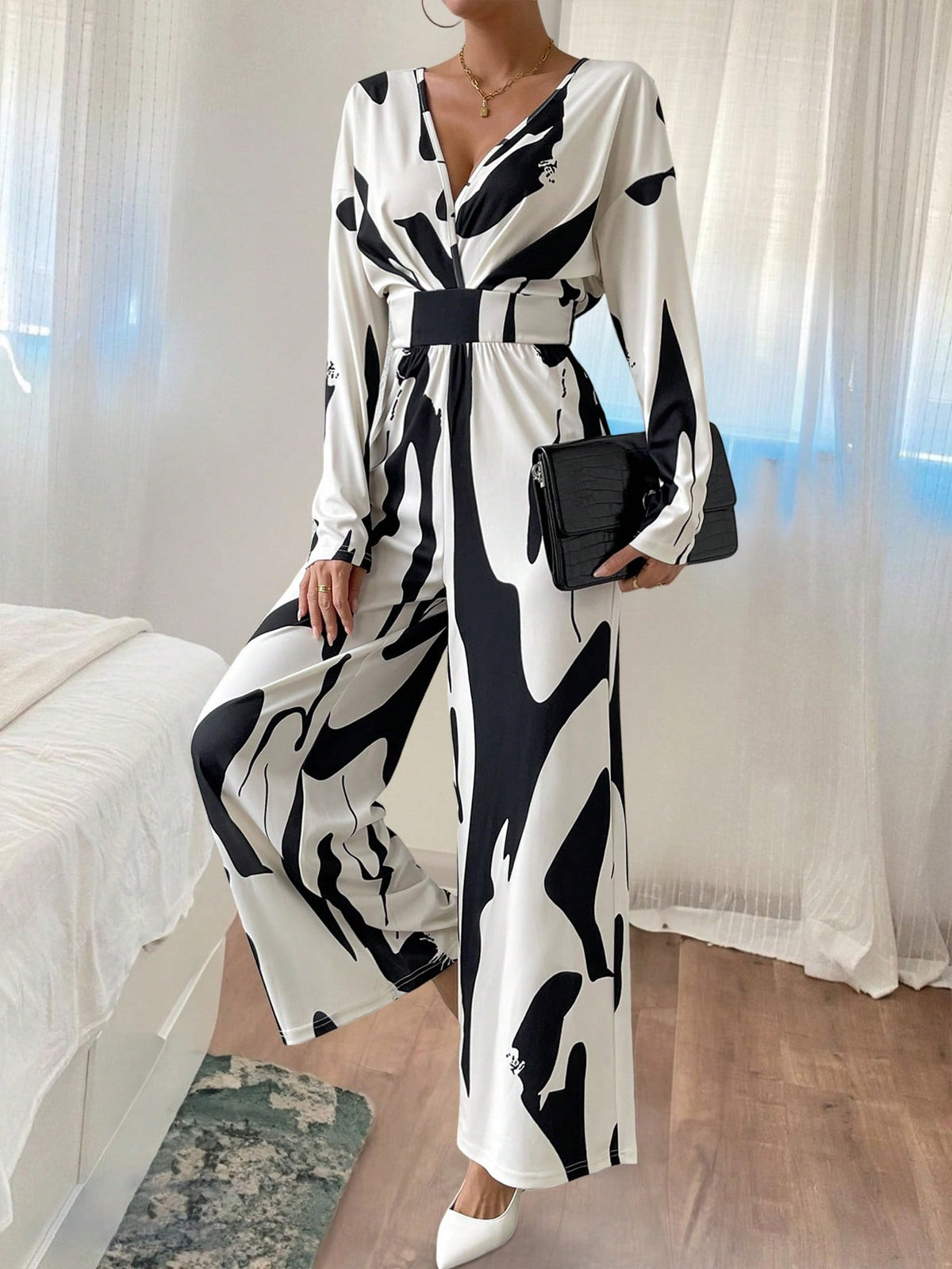 Graphic Print Drop Shoulder Wide Leg Jumpsuit