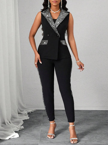 Houndstooth Contrast Stitching Slim Fit Women's Two-Piece Office Commuter Women's Two-Piece Set