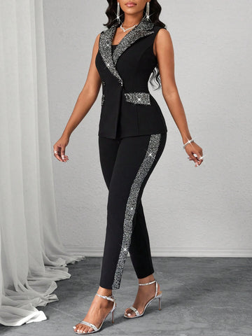 Houndstooth Contrast Stitching Slim Fit Women's Two-Piece Office Commuter Women's Two-Piece Set
