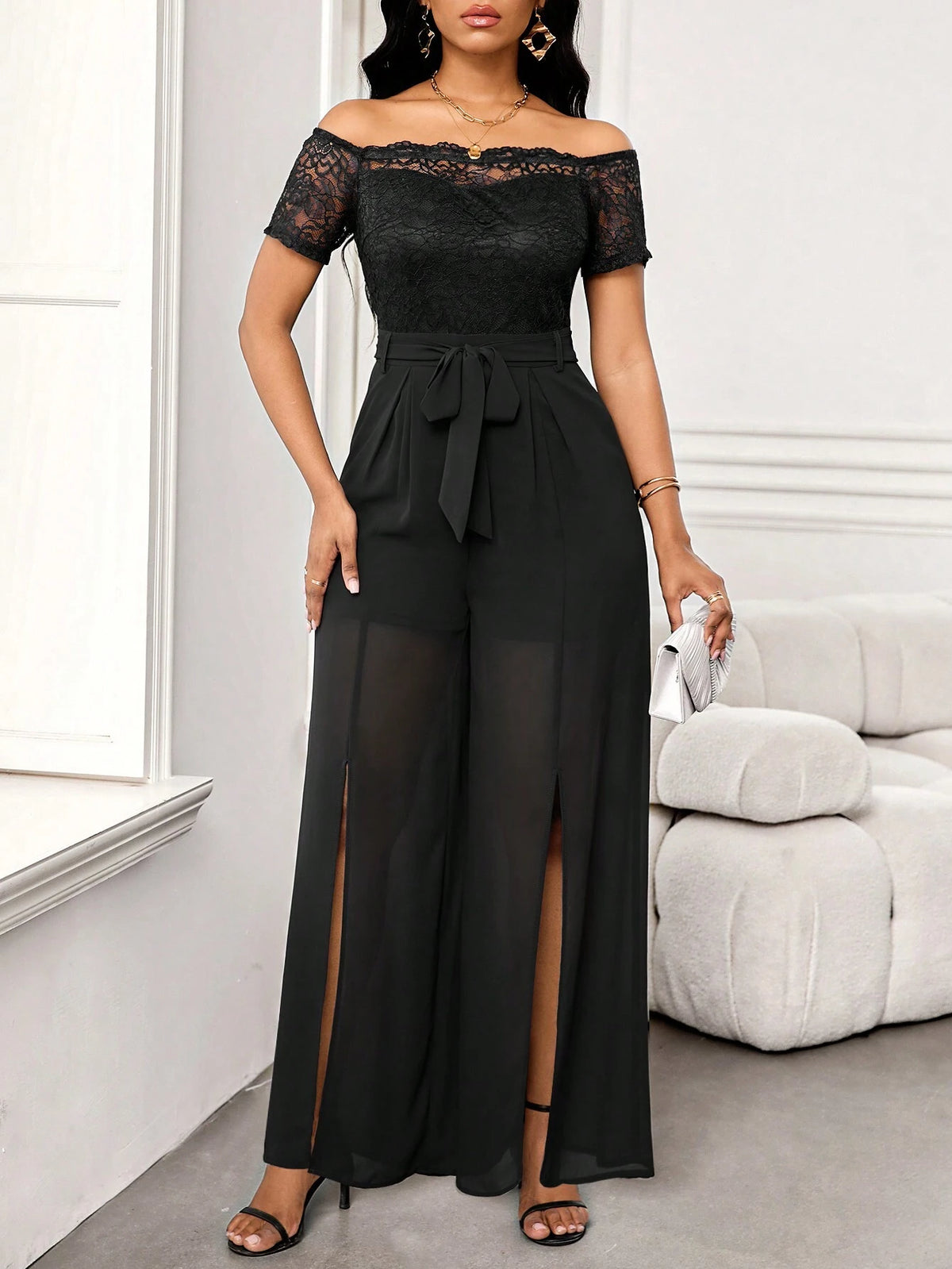 Lace Patchwork Off Shoulder Chiffon Slit Jumpsuits For Women
