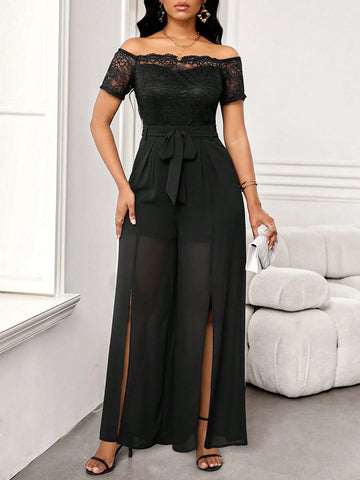 Lace Patchwork Off Shoulder Chiffon Slit Jumpsuits For Women