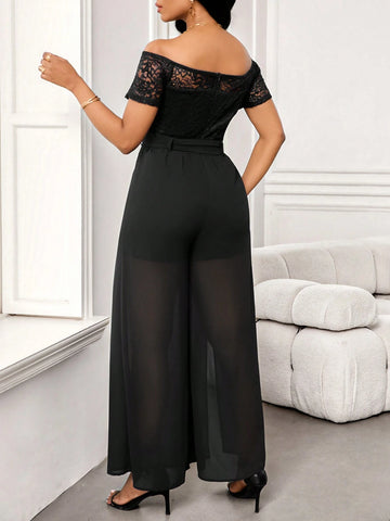 Lace Patchwork Off Shoulder Chiffon Slit Jumpsuits For Women