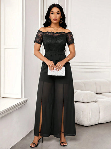Lace Patchwork Off Shoulder Chiffon Slit Jumpsuits For Women