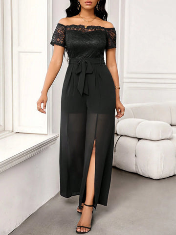 Lace Patchwork Off Shoulder Chiffon Slit Jumpsuits For Women