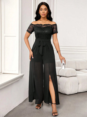 Lace Patchwork Off Shoulder Chiffon Slit Jumpsuits For Women