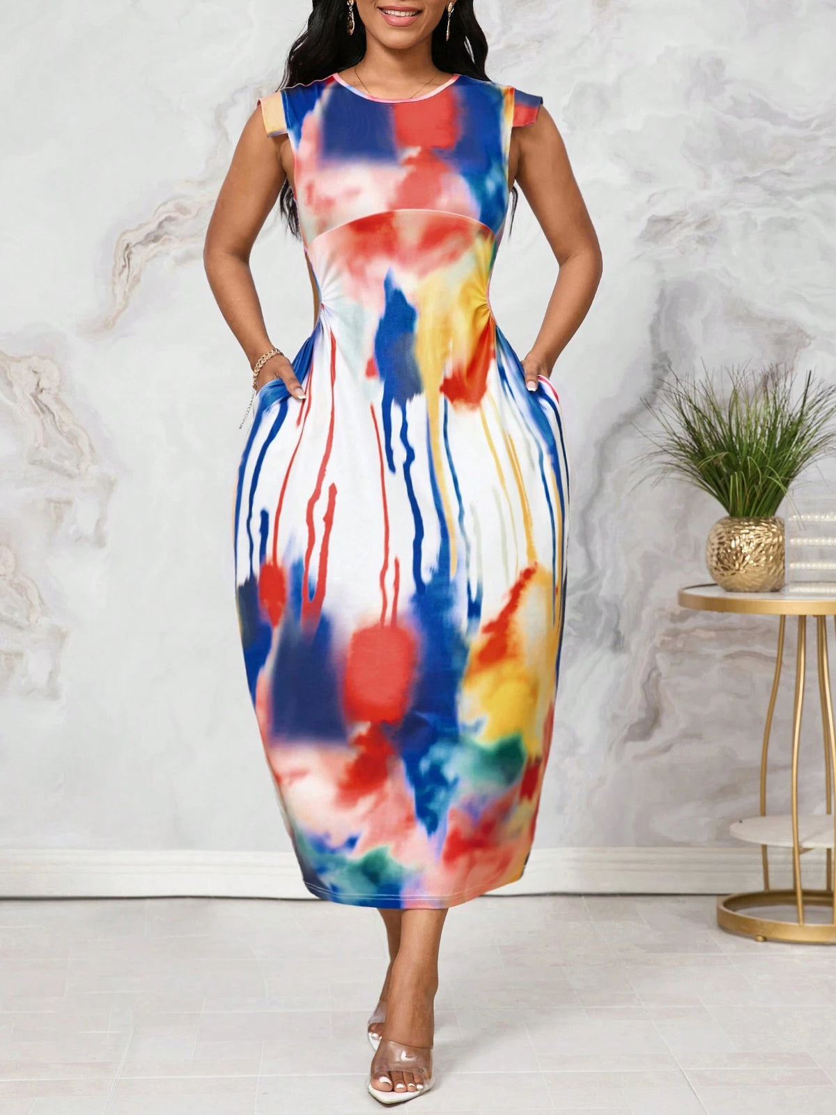 Ladies' Colorful Tie-Dye Printed Dress With Pocket, Perfect For Country Music Concerts