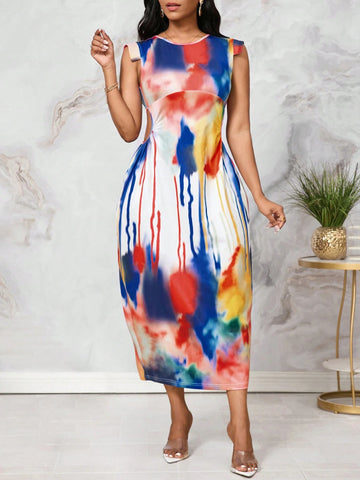 Ladies' Colorful Tie-Dye Printed Dress With Pocket, Perfect For Country Music Concerts