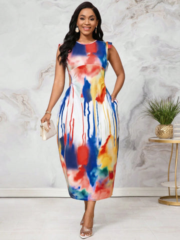 Ladies' Colorful Tie-Dye Printed Dress With Pocket, Perfect For Country Music Concerts