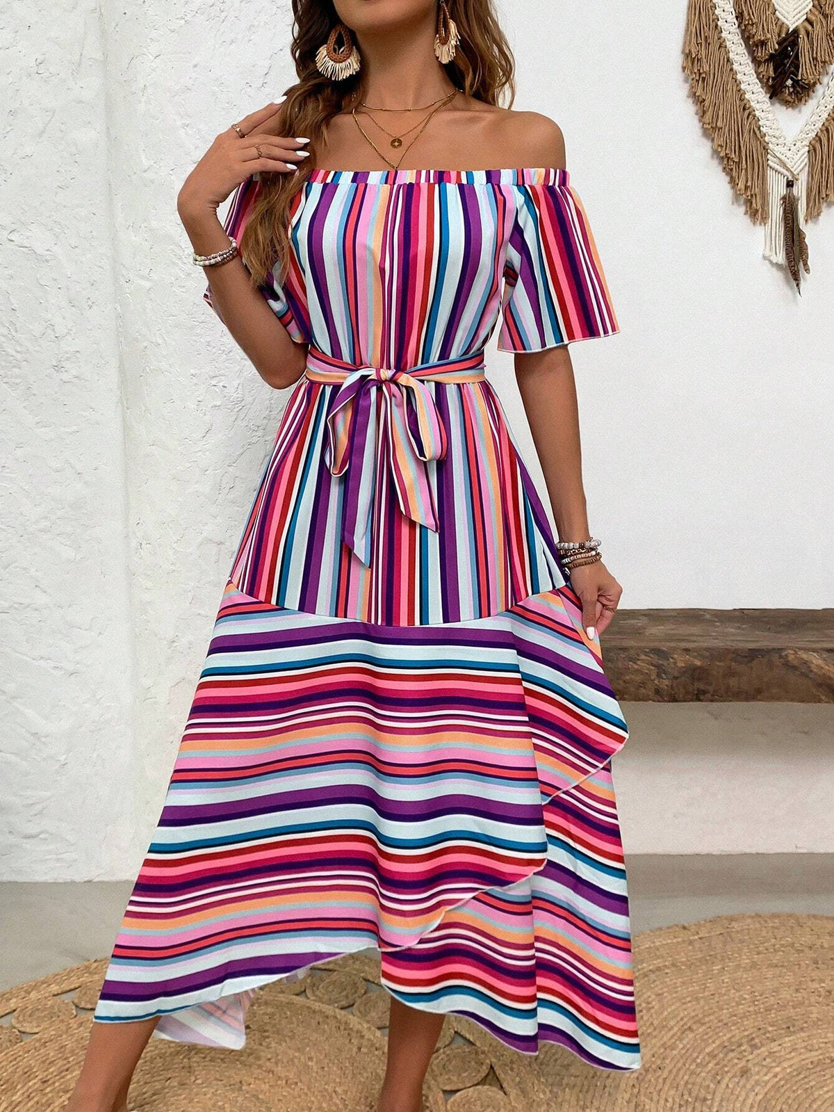 Ladies' Fashionable Multicolor Striped Off Shoulder Long Dress
