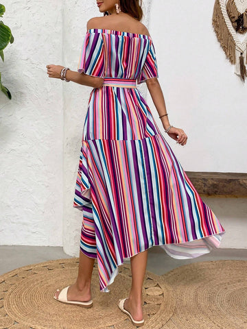 Ladies' Fashionable Multicolor Striped Off Shoulder Long Dress
