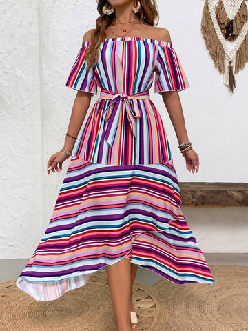 Ladies' Fashionable Multicolor Striped Off Shoulder Long Dress