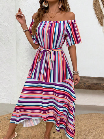 Ladies' Fashionable Multicolor Striped Off Shoulder Long Dress