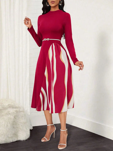 Ladies' Printed Long Sleeve A-Line Dress