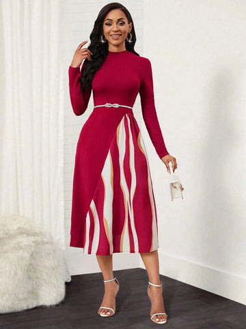 Ladies' Printed Long Sleeve A-Line Dress