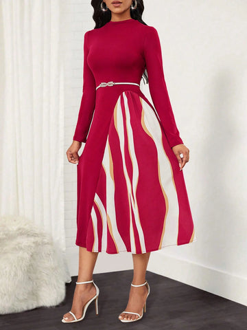 Ladies' Printed Long Sleeve A-Line Dress