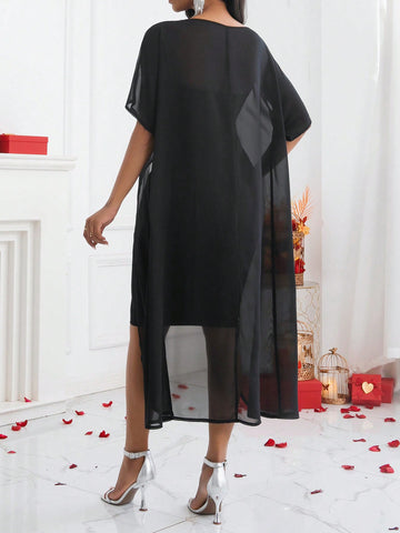 Ladies' Round Neck Embellished Mesh Top And Skirt Set